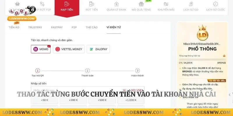 Thao tác từng bước chuyển tiền vào tài khoản nhà cái